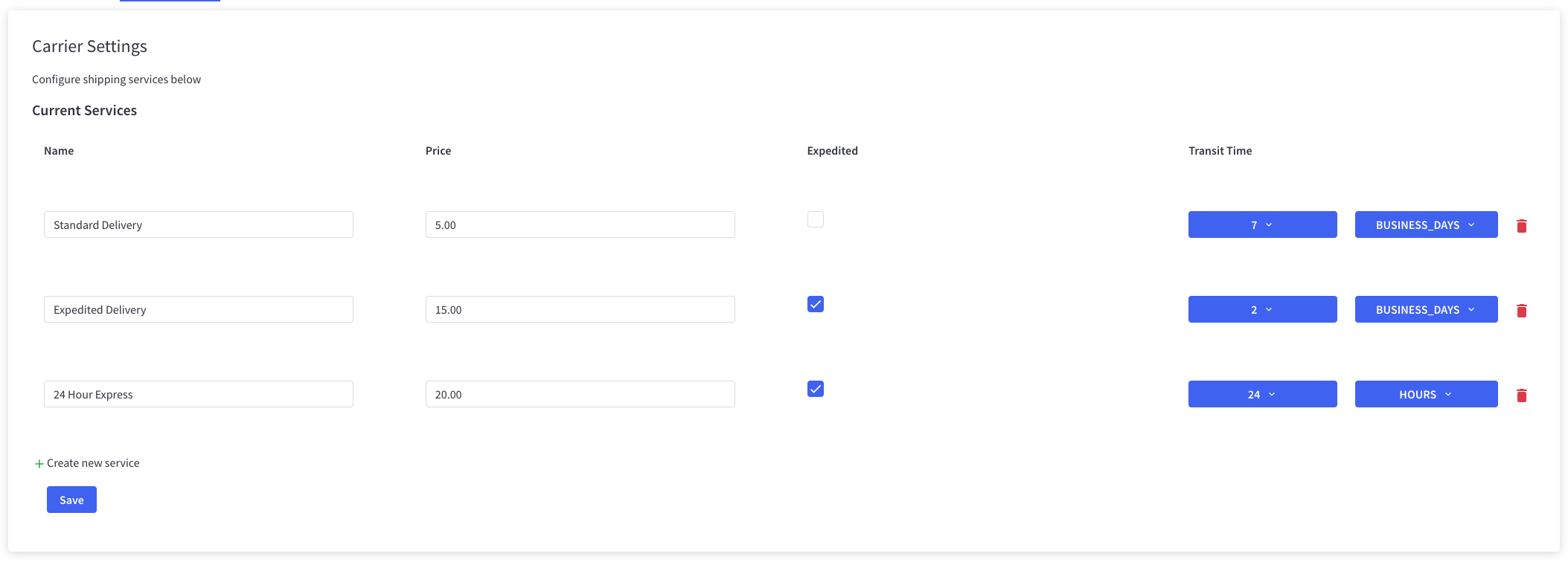 screenshot of the rate management ui