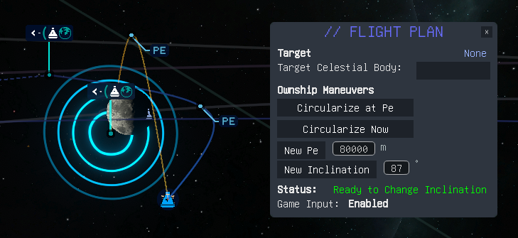 Flight Plan: Set Inclination to 87 in Hyperbolic Orbit