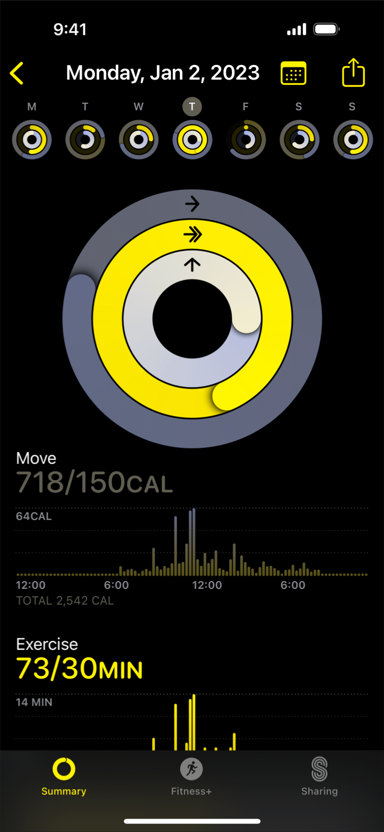 A screenshot of the History view of the Activity app. The color red is replaced by dark gray, green is replaced by yellow, and blue is replaced by light gray.