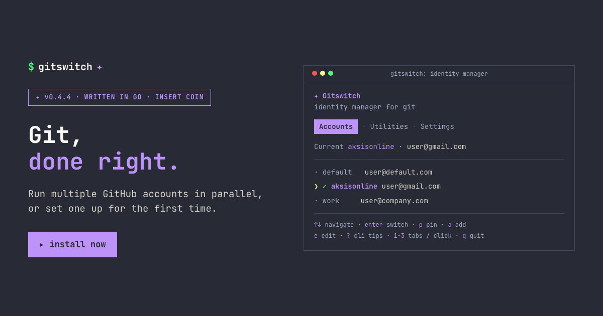 gitswitch — git identity manager, done right