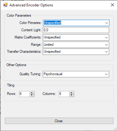 Advanced Encoder Options Window Screenshot