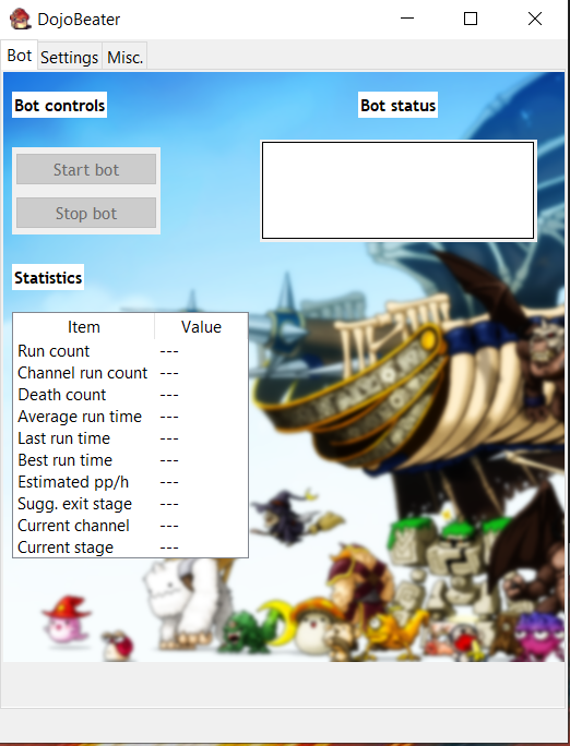 Screenshot of Bot graphical user interface (Main tab is shown)