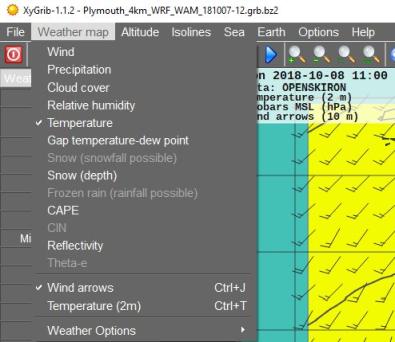 Weather display options menu