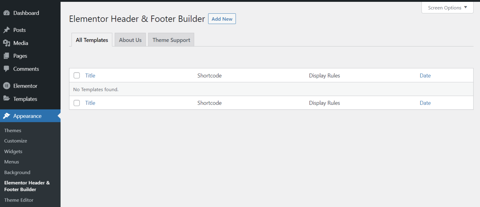 Go to Appearane -> Header Footer Builder to create a new template.