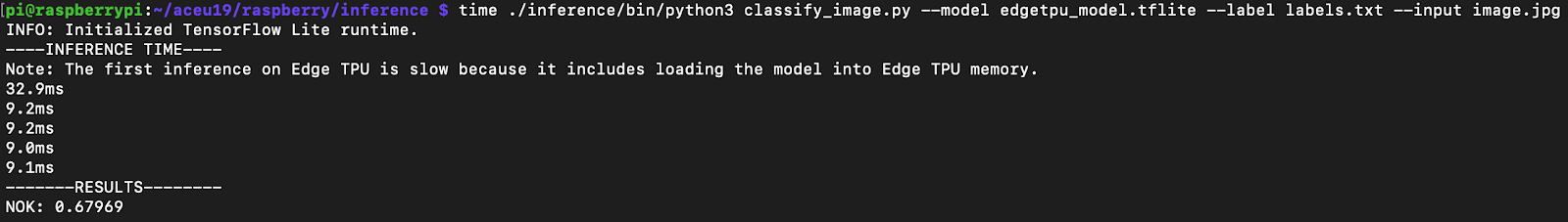 TF Lite invoke time when using the Edge TPU — about 9ms/image