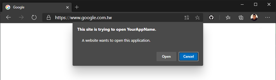 瀏覽器詢問是否開啟 YourAppName 應用程式