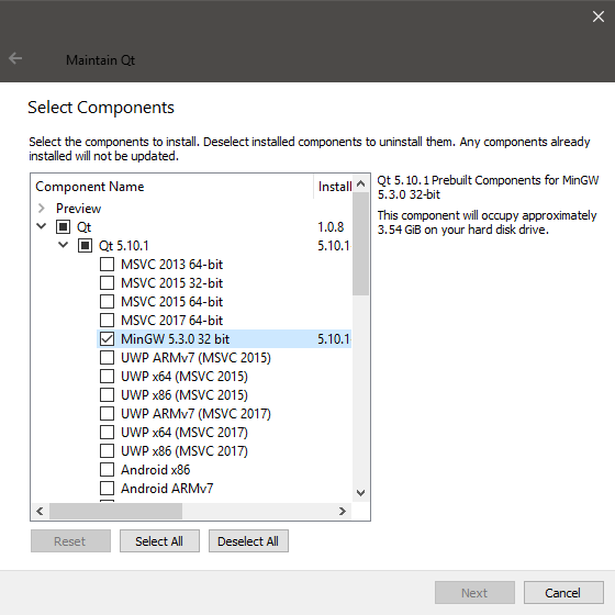 Image of how to select Qt 5.10.1