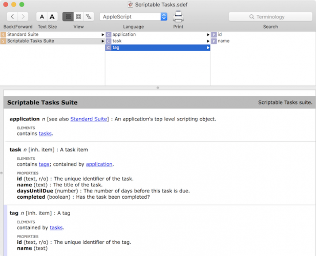 Making a mac app scriptable tutorial: Scriptable Tasks Dictionary 2