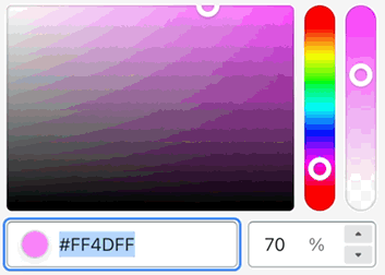 Text field that allows user to enter hex or rgb values for the colour. The value will be entered when focus moves from the field or the user presses the enter key.