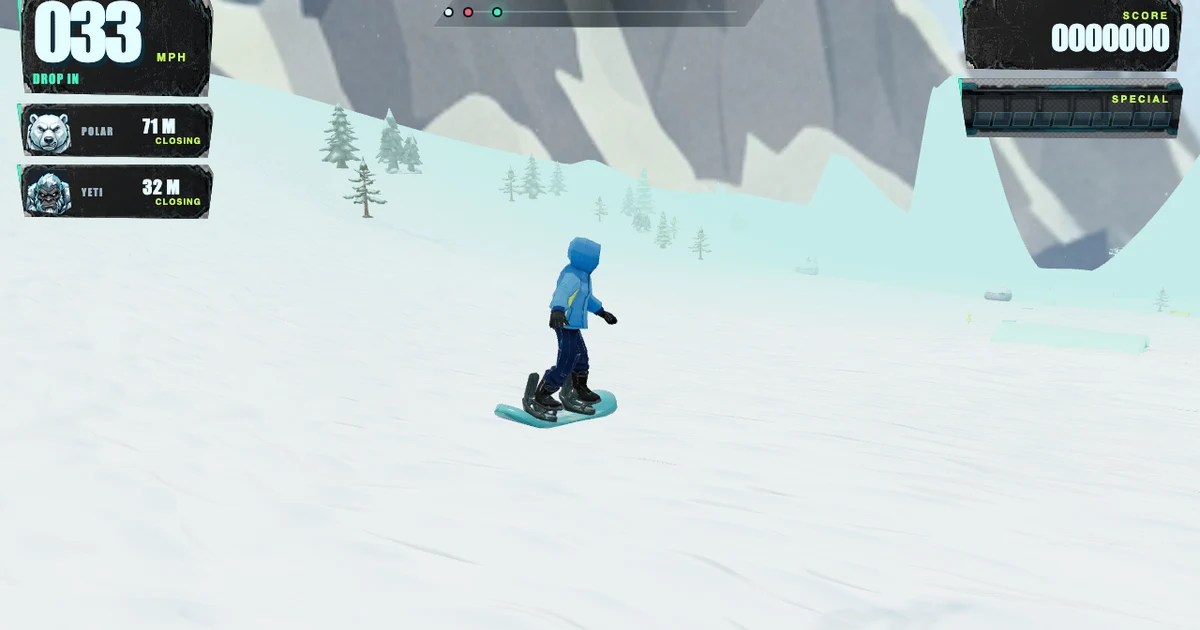 A snowboarder carves through a bright alpine course as the HUD tracks closing polar bear and Yeti pursuers.