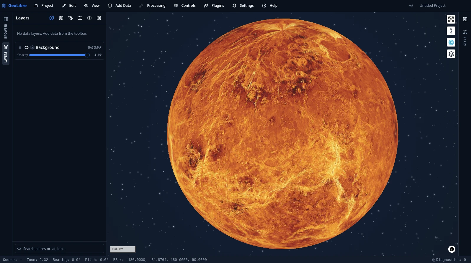 GeoLibre globe view of Venus over a starfield backdrop