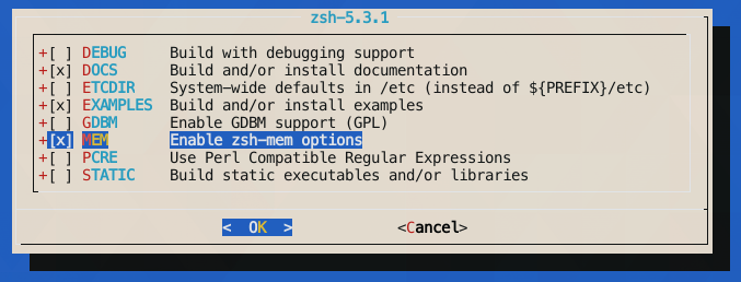 installation screen to enable zsh-mem