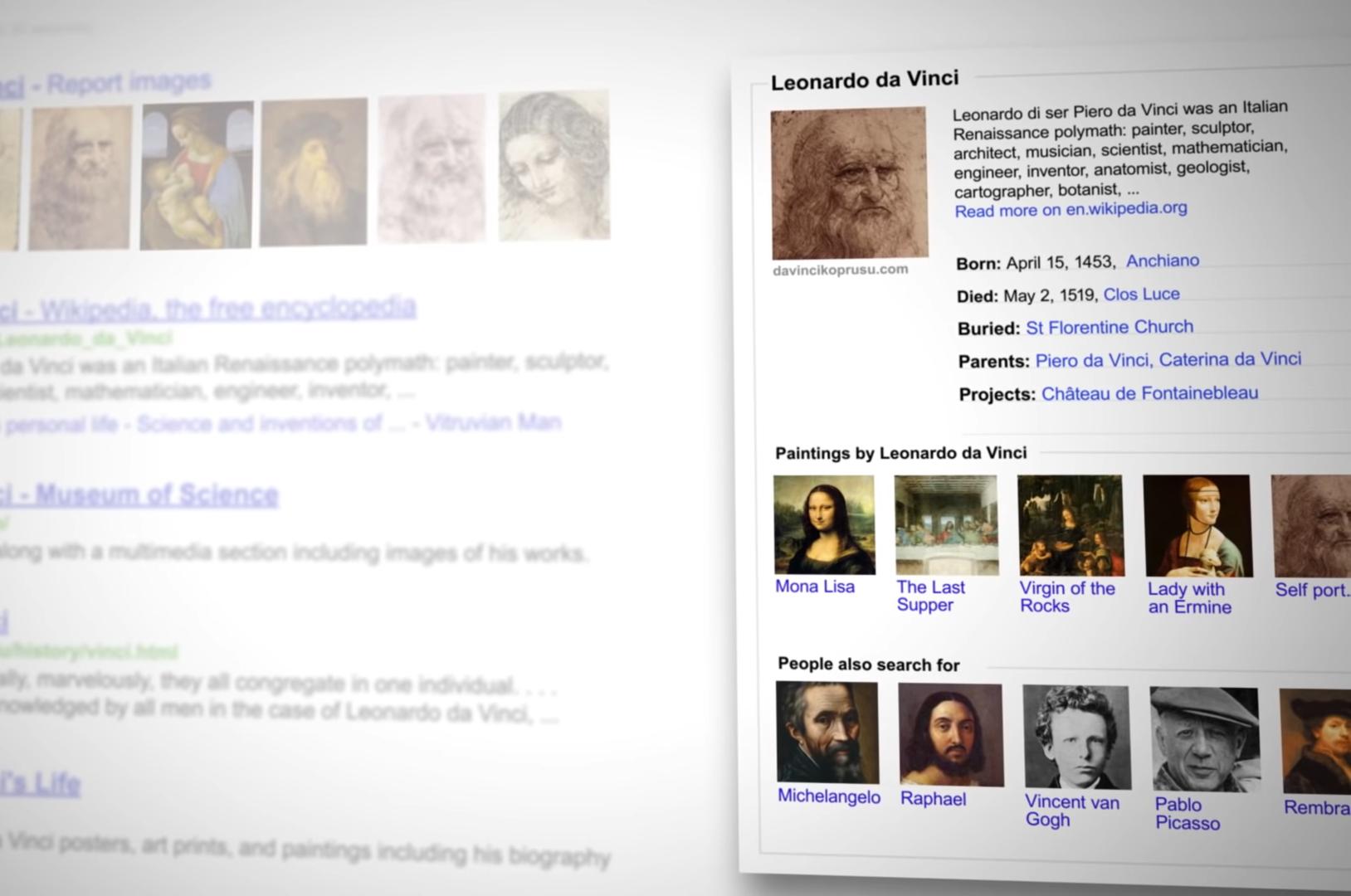 Imagem da busca sobre o pintor Leonardo da Vinci incluindo informações estruturadas derivadas da utilização de grafos para enriquecer as buscas