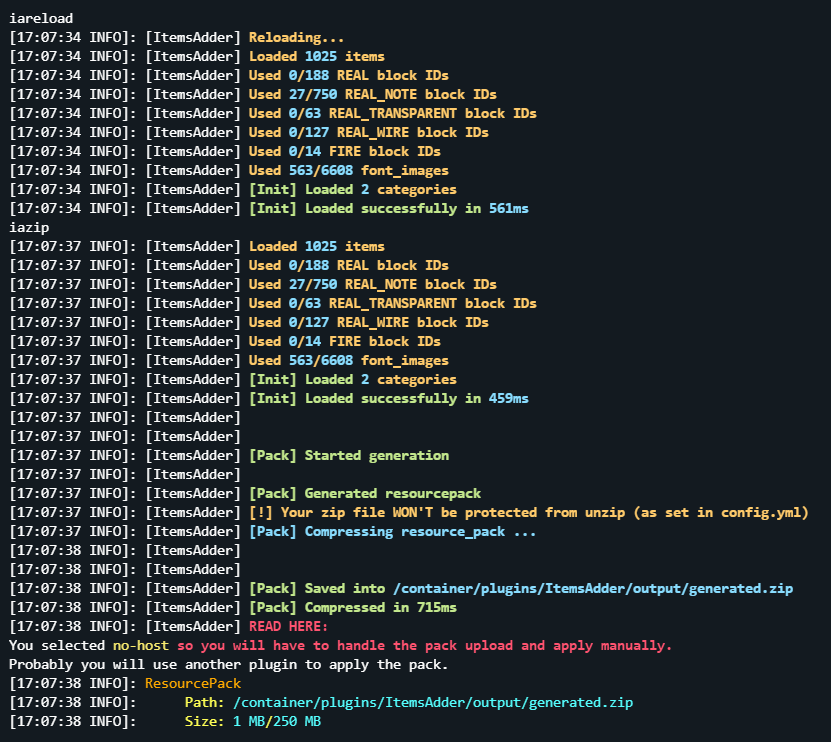 ItemsAdder iazip and iareload output