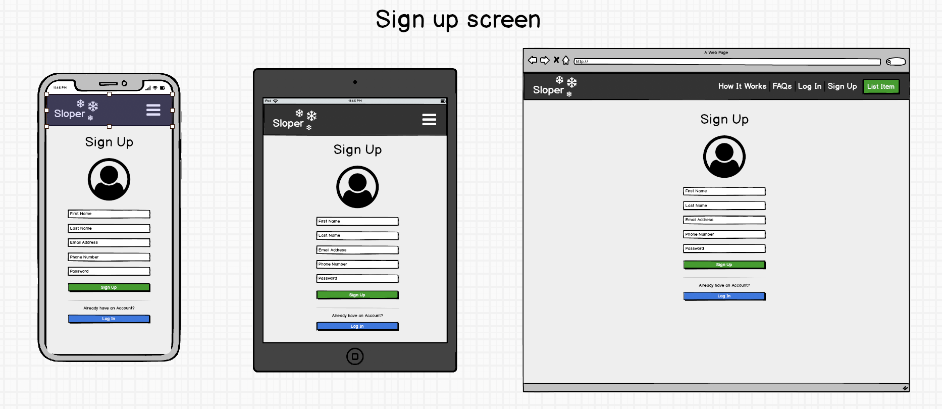 sign-up screen wireframes