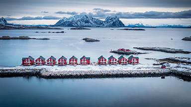 Traditional rorbu houses, Svolvaer, Lofoten Islands, Norway (© Roberto Moiola/Sysaworld/Getty Images)