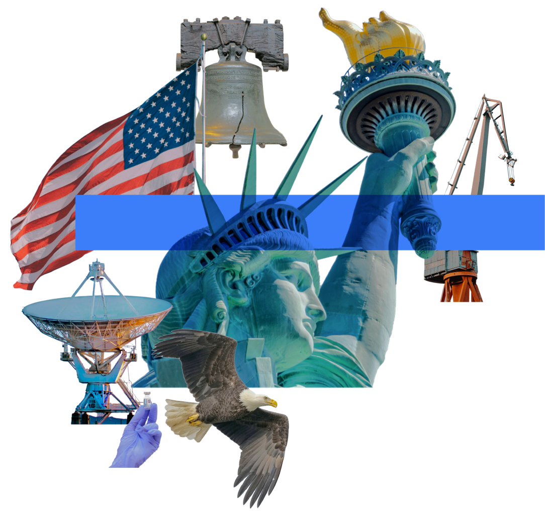 Collage of American symbols, including the bald eagle and statue of Liberty