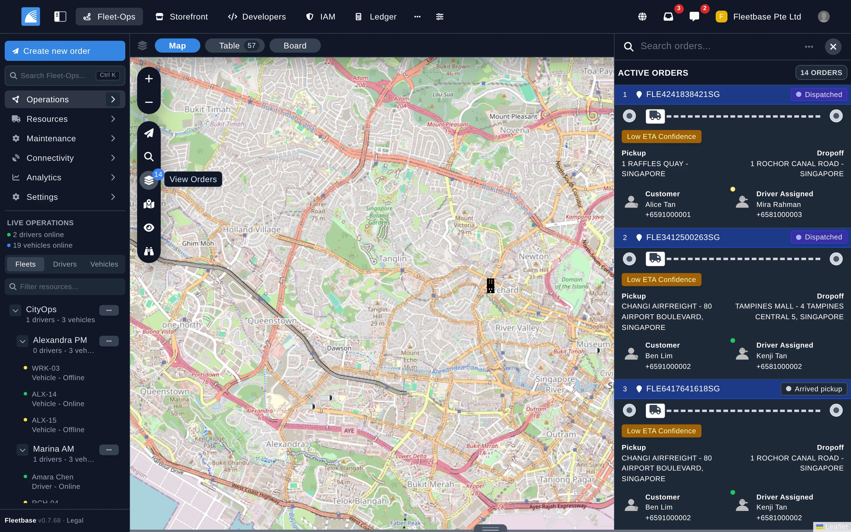 Fleet-Ops live map with active orders