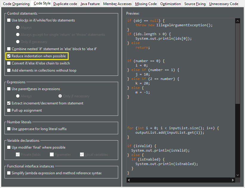 reduce indentation preferences