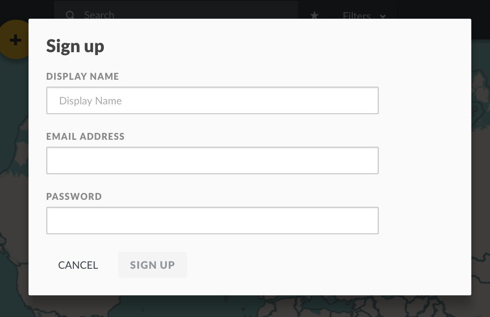 SIgn up form with fields to enter Display name, email adress and password.