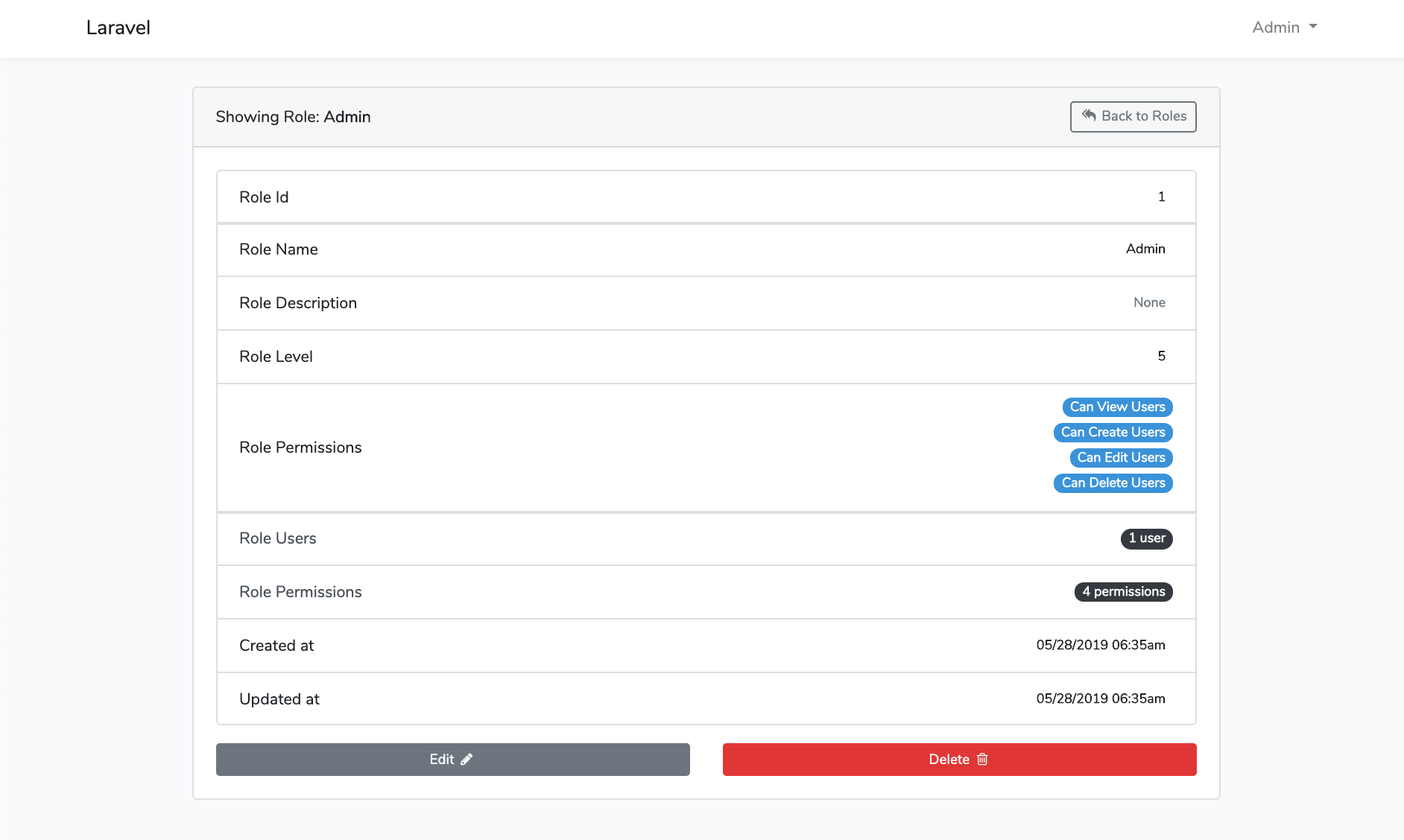 Laravel Roles GUI Show Role