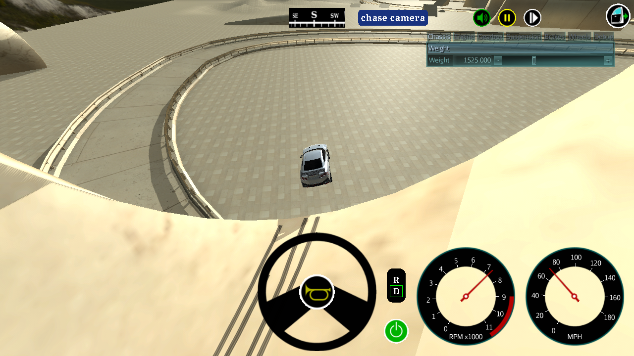 A silver sports car flies out of a pipe. There are driving controls in the foreground and a racetrack in the background.
