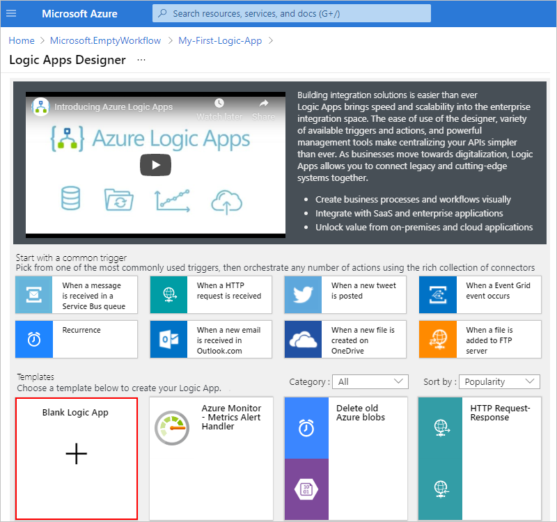 Select blank template for logic app