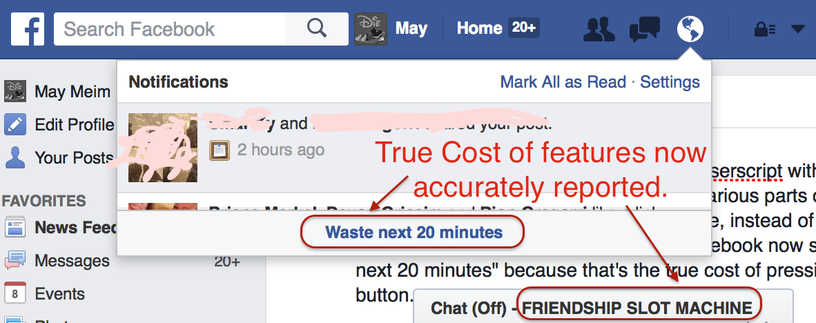 Screenshot of Facebook with attention hijacking buttons highlighted.