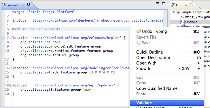 The right-click validate command