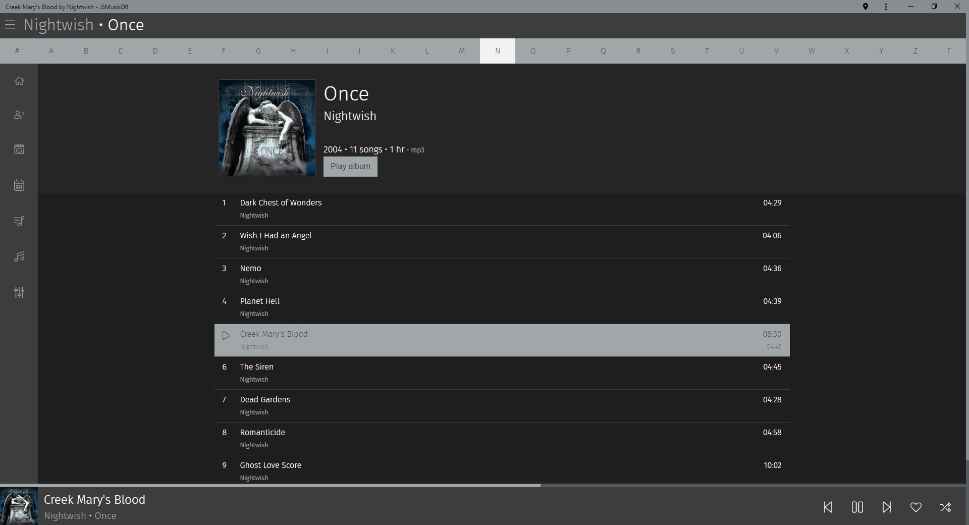 Screenshot of JSMusicDB in dark mode