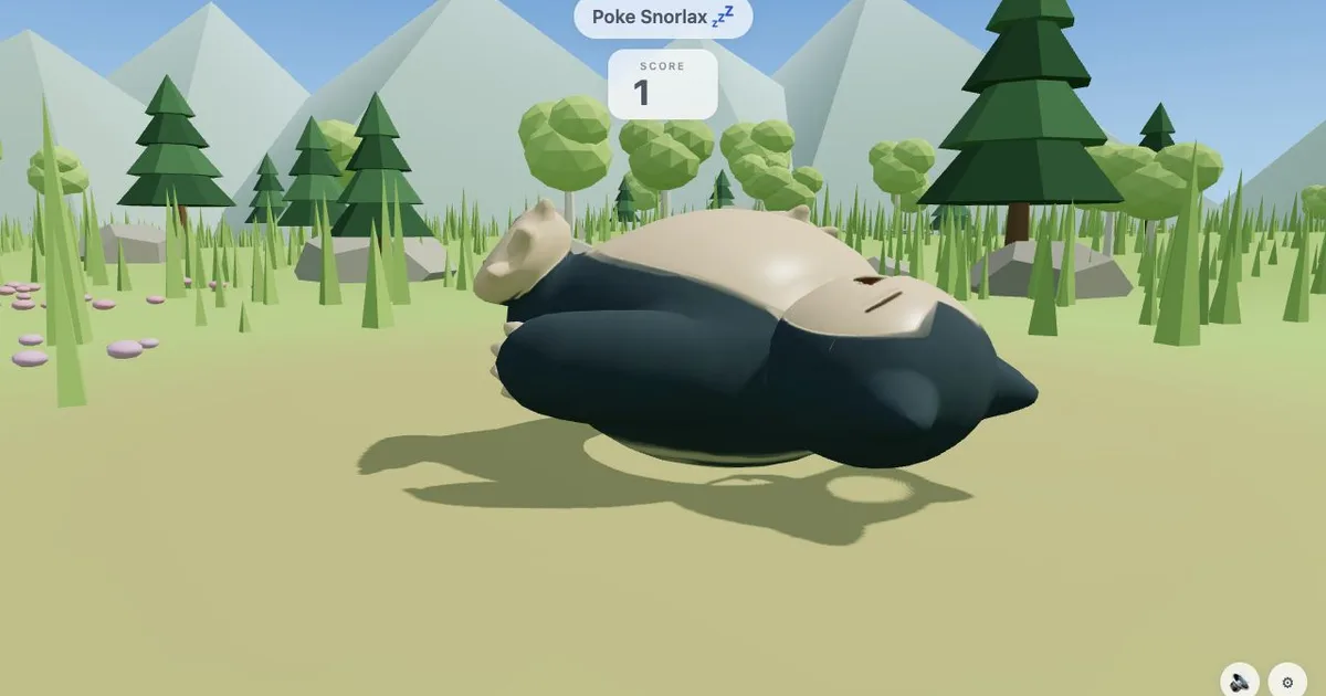A large sleeping Snorlax resting in a sunny low-poly meadow beneath a Poke Snorlax prompt.