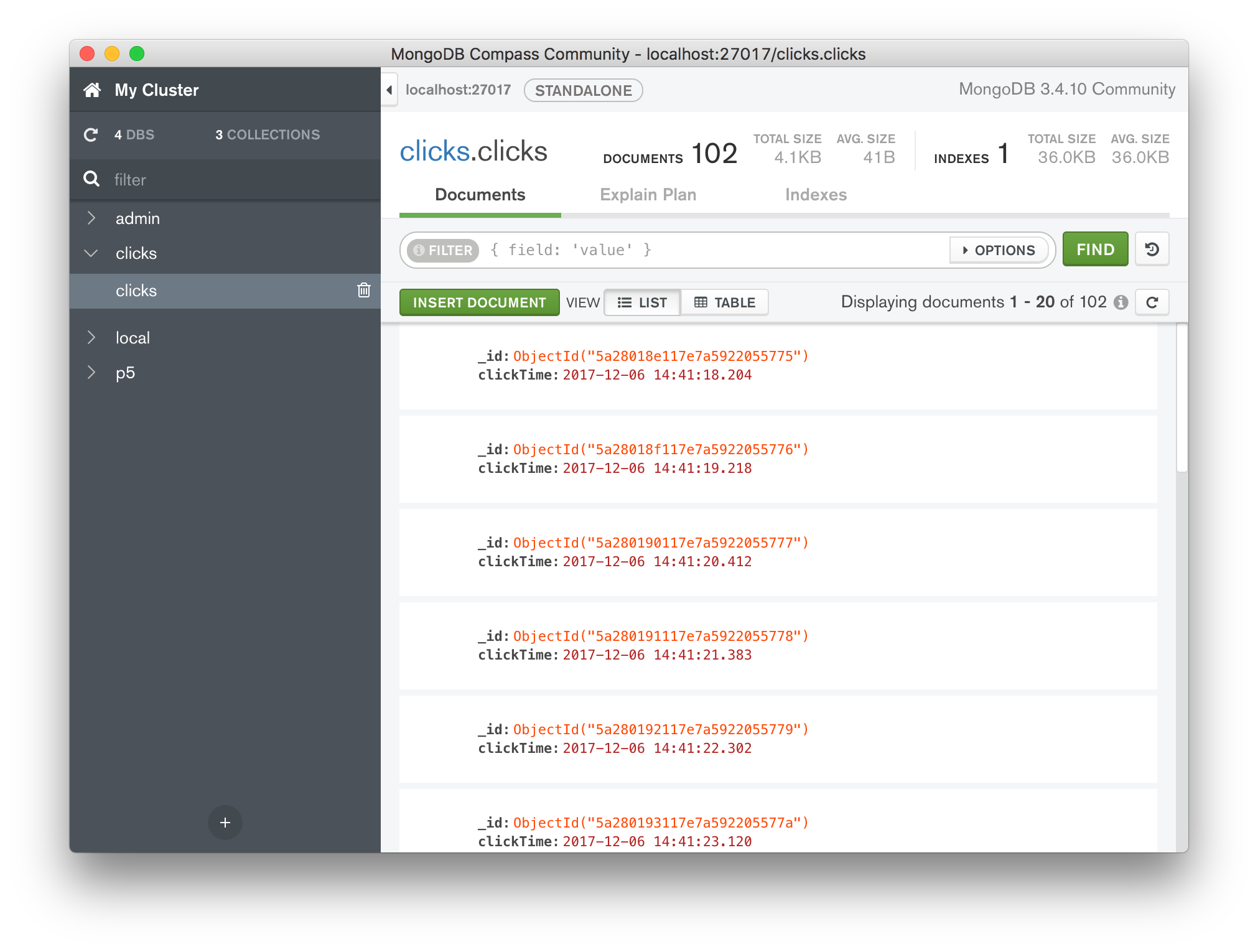 Compass view of the MongoDB collection