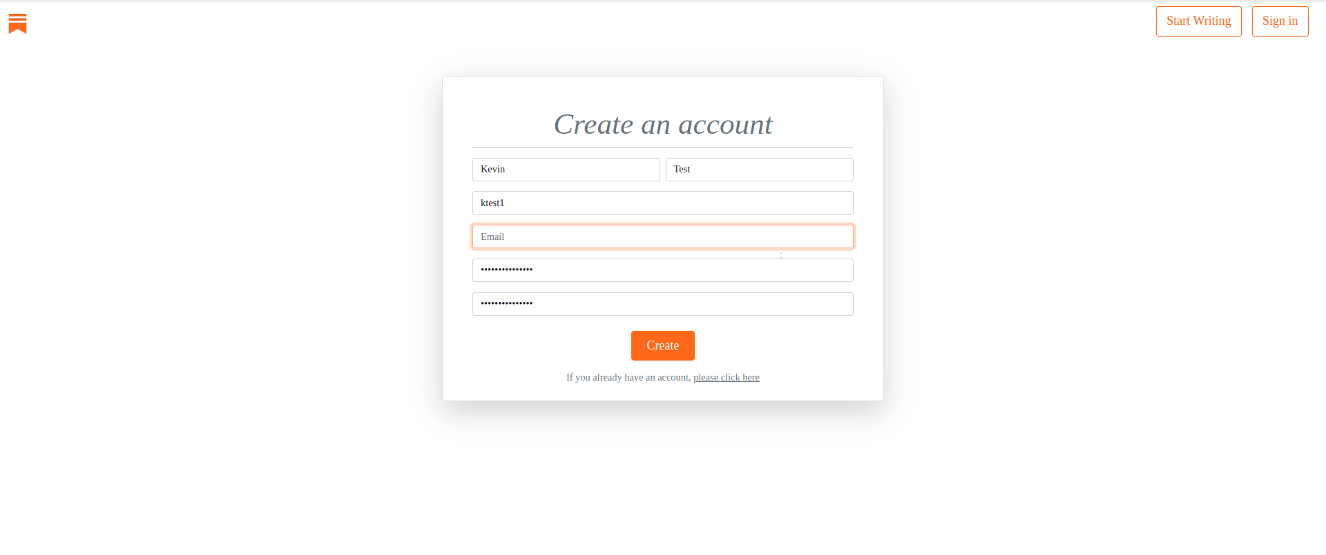 Create account screen