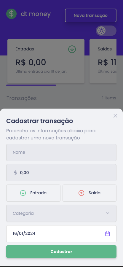 Formulário no tema light em modo responsivo