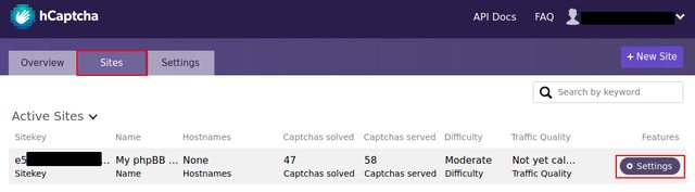 hCaptcha site key settings
