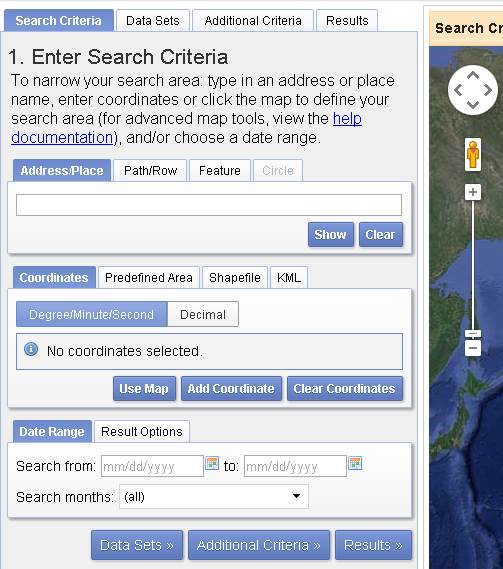 Earth Explorer Search Critera