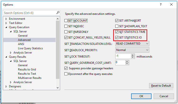 SSMS Option to default Time and IO stats