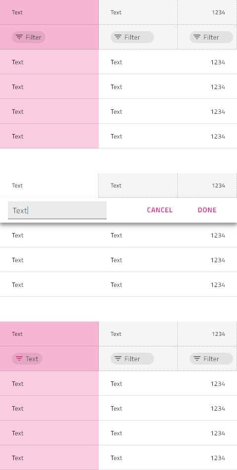 States of the column selection when the row filter UI is activated