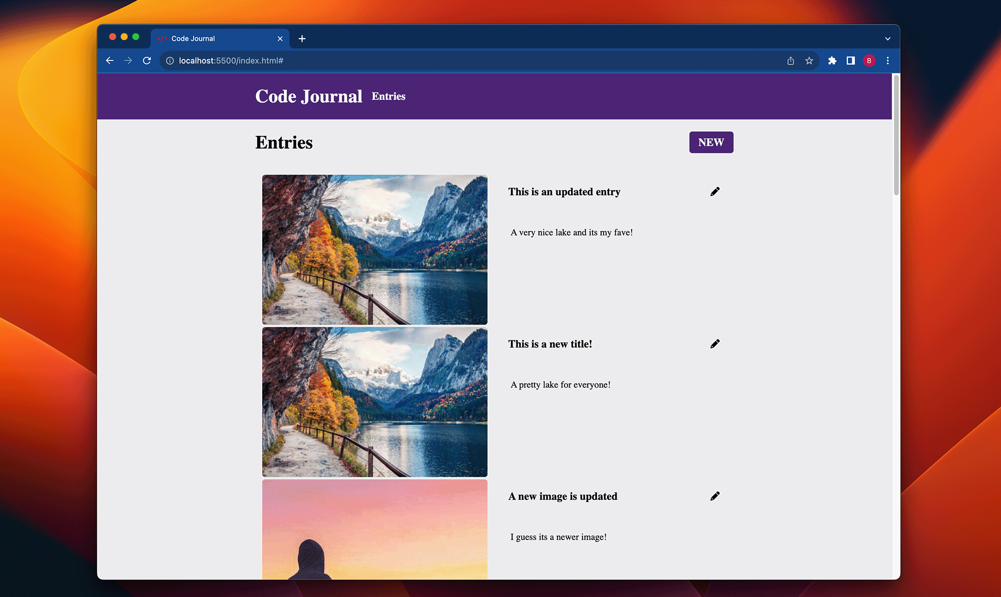 user can edit an entry desktop