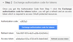 Screen shot: Google OAuth Playground, Step 2 - exchanging the authorization code for tokens - after exchanging the code, the access and refresh tokens are visible.