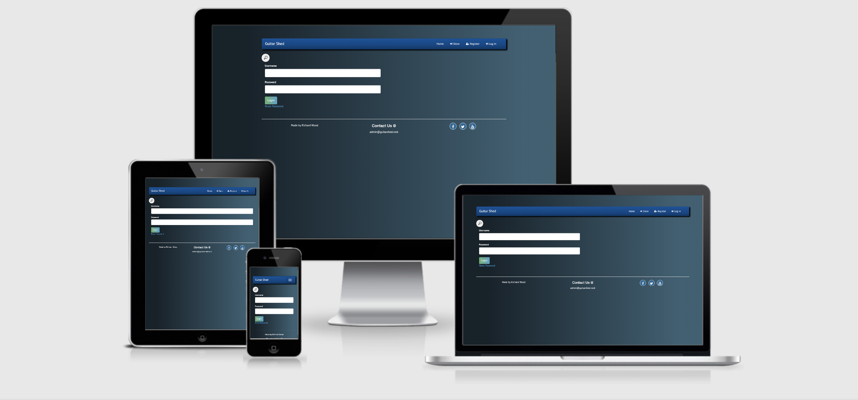 Guitar Shed login page on all major screen sizes