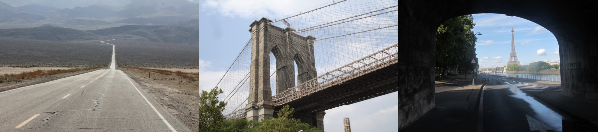 Examples from the landmarks dataset - a road in Death Valley, the Brooklyn Bridge, and the Eiffel Tower