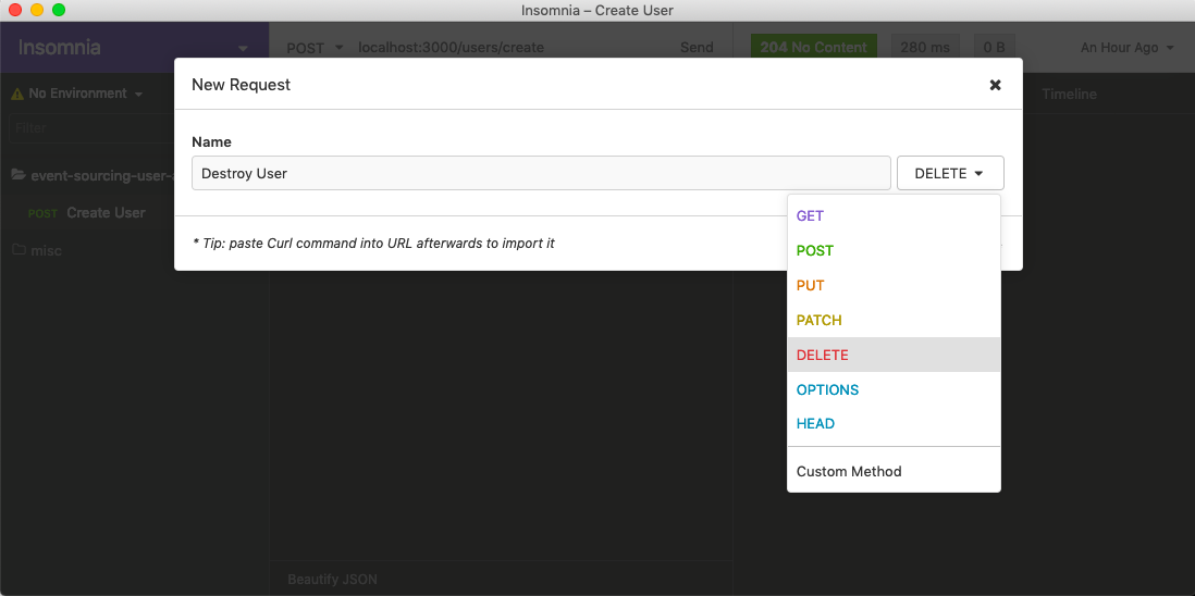 Insomnia page showing new Destroy User being set to type DELETE