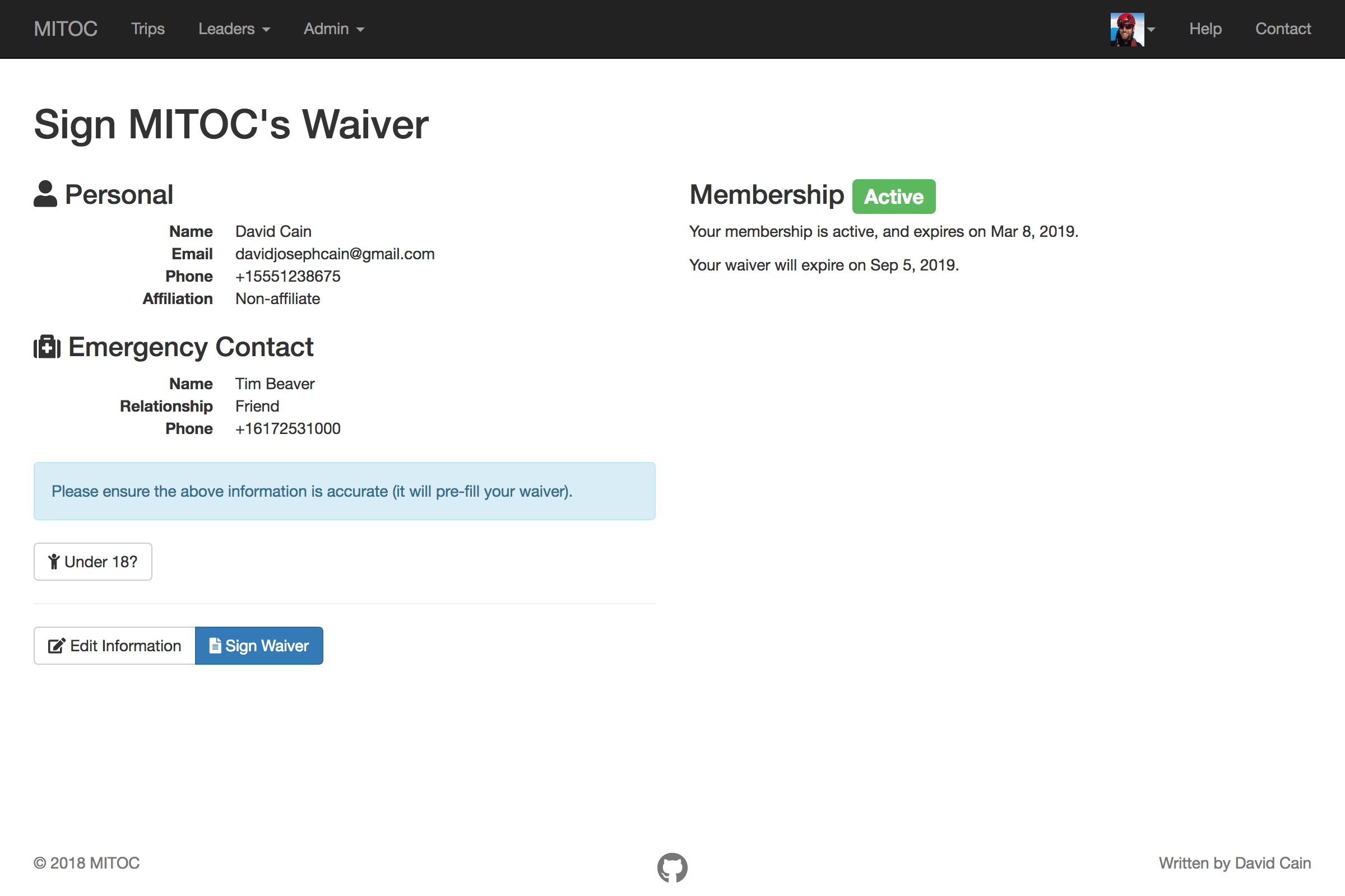 Waiver completion UI from MITOC Trips