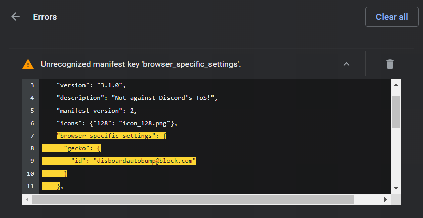 Unrecognized manifest key 'browser_specific_settings'.