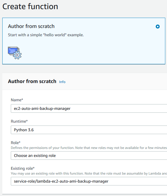 Lambda Create Function Sample Screen