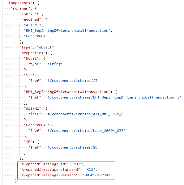 Example of EDI message definition for message 837P standard X12 and version 005010X222A1