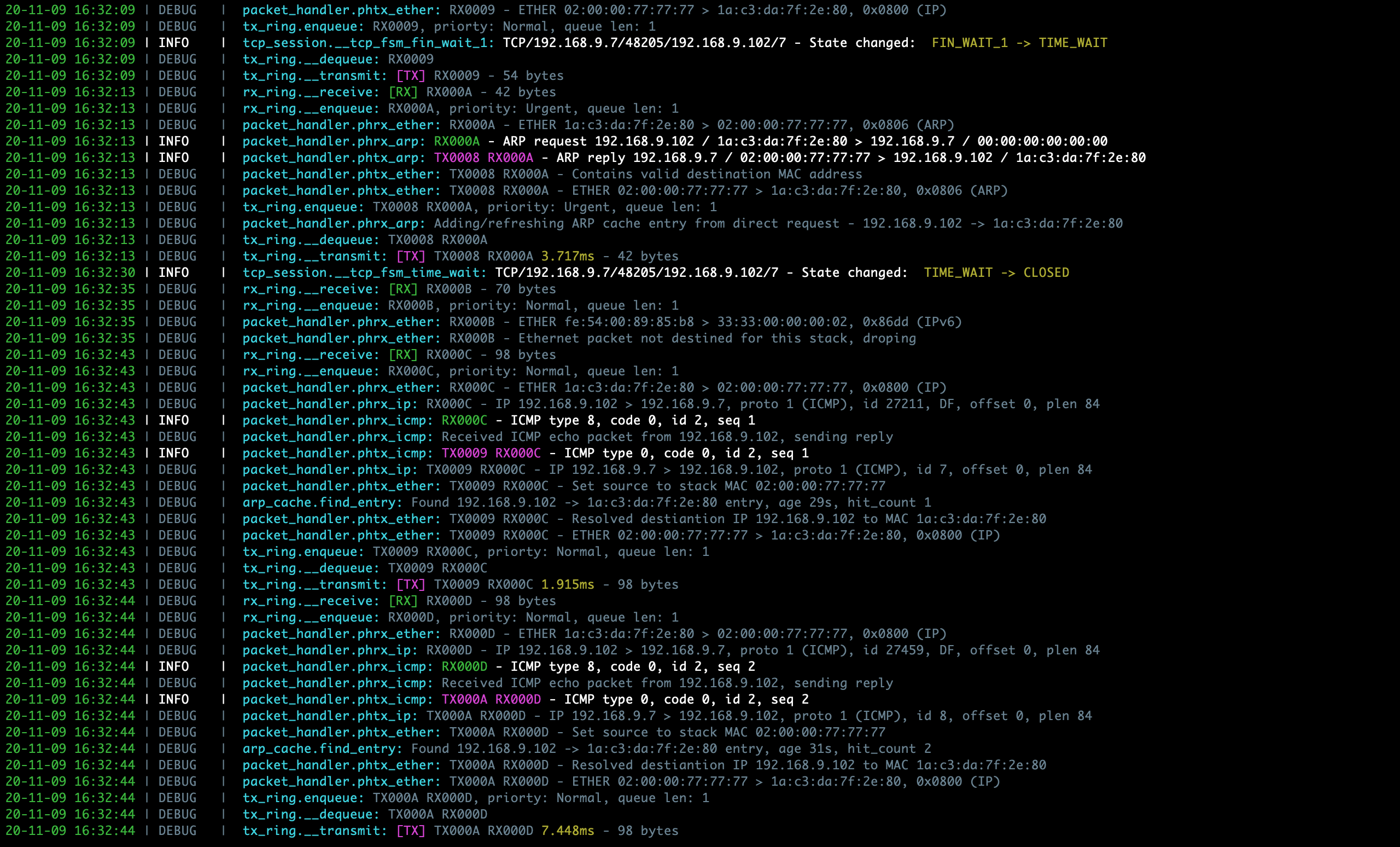 Sample PyTCP log output