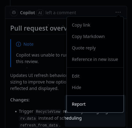 Screenshot shows the menu next to a comment, excluding the item "Block user"