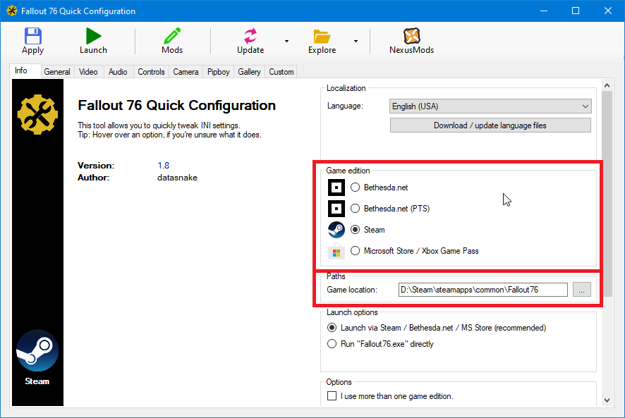 Screenshot of highlighted settings in Info tab